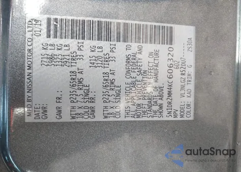 2019 Nissan Pathfinder Sl z USA, uszkodzony, nr VIN 5N1DR2MM4KC606320